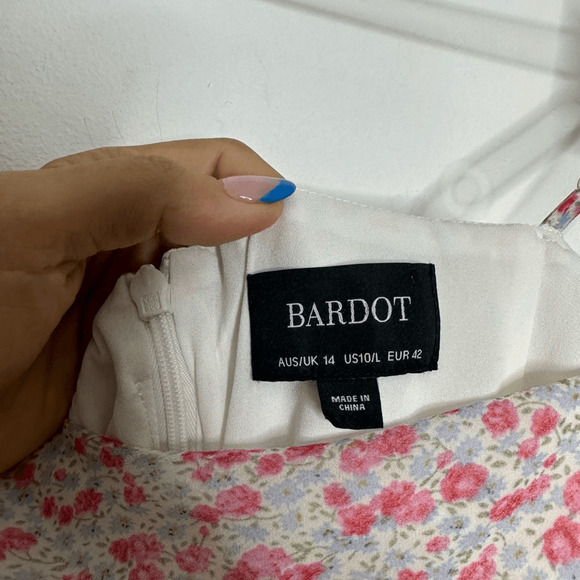 BARDOT DITSY ROUCHED MIDI DRESS IN PINK ICING floral womens 10 Large - Picture 5 of 10